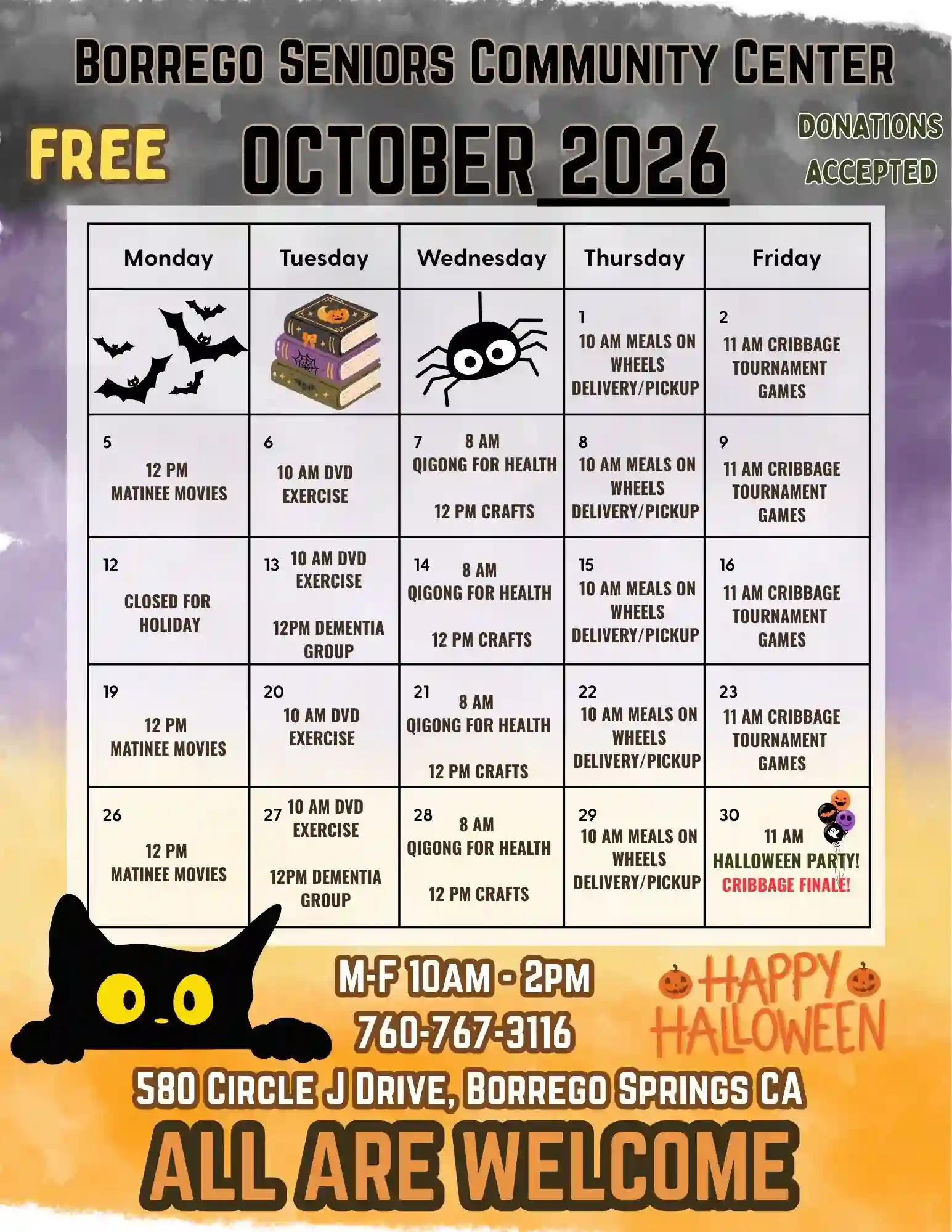 October Calendar for the Borrego Springs Senior Center October Calendar for the Borrego Springs Senior Center